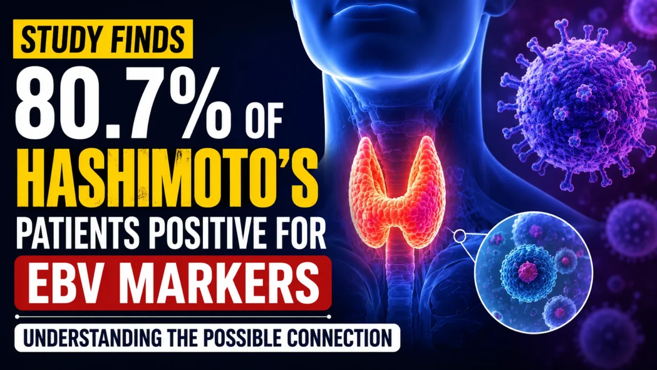 Medical YouTube thumbnail showing a glowing thyroid gland, Epstein-Barr Virus (EBV) particles, and bold text highlighting a study that found 80.7% of Hashimoto’s patients tested positive for EBV markers in thyroid tissue.