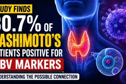 Medical YouTube thumbnail showing a glowing thyroid gland, Epstein-Barr Virus (EBV) particles, and bold text highlighting a study that found 80.7% of Hashimoto’s patients tested positive for EBV markers in thyroid tissue.