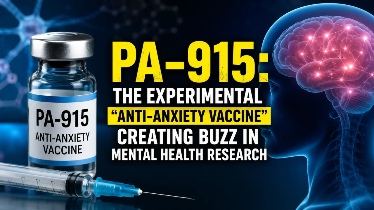 PA-915 experimental anti-anxiety vaccine thumbnail featuring a vaccine vial, syringe, and glowing human brain representing mental health research and anxiety treatment innovation.