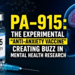 PA-915 experimental anti-anxiety vaccine thumbnail featuring a vaccine vial, syringe, and glowing human brain representing mental health research and anxiety treatment innovation.