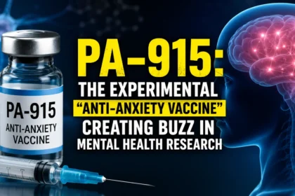 PA-915 experimental anti-anxiety vaccine thumbnail featuring a vaccine vial, syringe, and glowing human brain representing mental health research and anxiety treatment innovation.