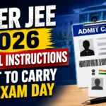 NIPER JEE 2026 General Instructions thumbnail featuring admit card, Aadhaar card, transparent water bottle, pen, and exam-related visuals on a blue academic background.