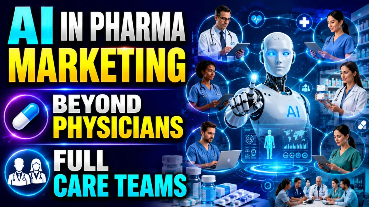 Futuristic healthcare marketing thumbnail showing AI technology connecting doctors, pharmacists, nurses, and healthcare professionals, highlighting the expansion of pharmaceutical marketing beyond physicians to full care teams.