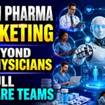 Futuristic healthcare marketing thumbnail showing AI technology connecting doctors, pharmacists, nurses, and healthcare professionals, highlighting the expansion of pharmaceutical marketing beyond physicians to full care teams.