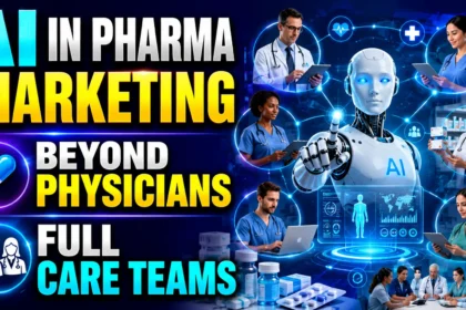 Futuristic healthcare marketing thumbnail showing AI technology connecting doctors, pharmacists, nurses, and healthcare professionals, highlighting the expansion of pharmaceutical marketing beyond physicians to full care teams.