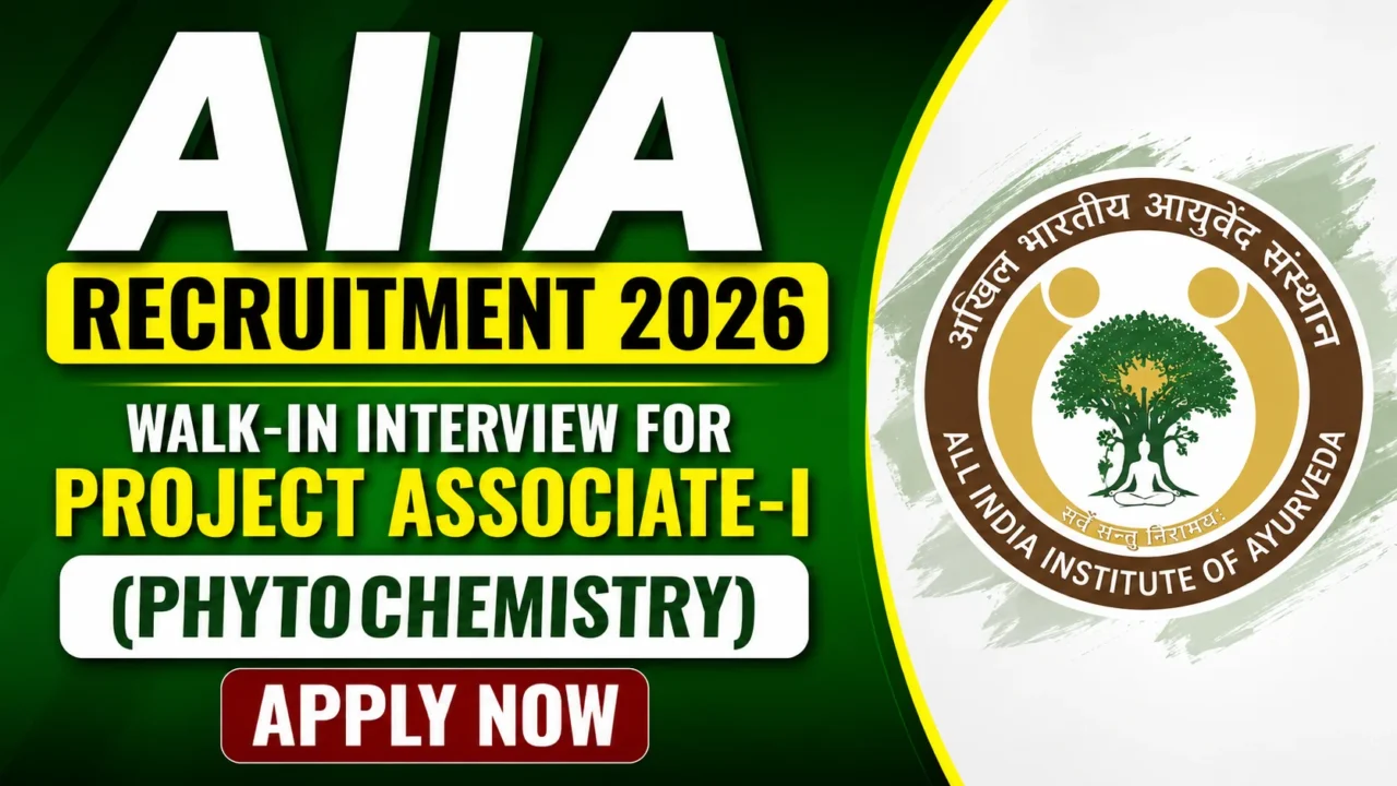 AIIA Recruitment 2026 thumbnail featuring Project Associate-I (Phytochemistry) walk-in interview announcement with AIIA logo and Apply Now button.