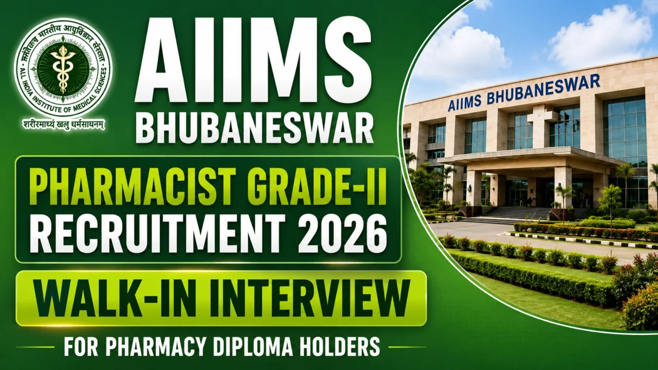 AIIMS Bhubaneswar Pharmacist Grade-II Recruitment 2026 thumbnail featuring the AIIMS logo, AIIMS Bhubaneswar campus building, green gradient background, and walk-in interview announcement for pharmacy diploma holders.