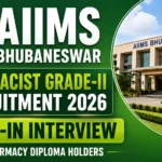 AIIMS Bhubaneswar Pharmacist Grade-II Recruitment 2026 thumbnail featuring the AIIMS logo, AIIMS Bhubaneswar campus building, green gradient background, and walk-in interview announcement for pharmacy diploma holders.