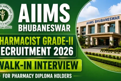 AIIMS Bhubaneswar Pharmacist Grade-II Recruitment 2026 thumbnail featuring the AIIMS logo, AIIMS Bhubaneswar campus building, green gradient background, and walk-in interview announcement for pharmacy diploma holders.