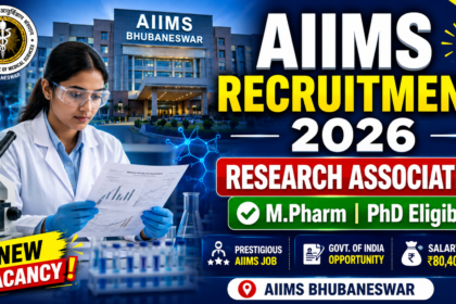 AIIMS Bhubaneswar Recruitment 2026 thumbnail featuring a female researcher in a laboratory, AIIMS Bhubaneswar building background, Research Associate-I vacancy, and eligibility for M.Pharm and PhD candidates.