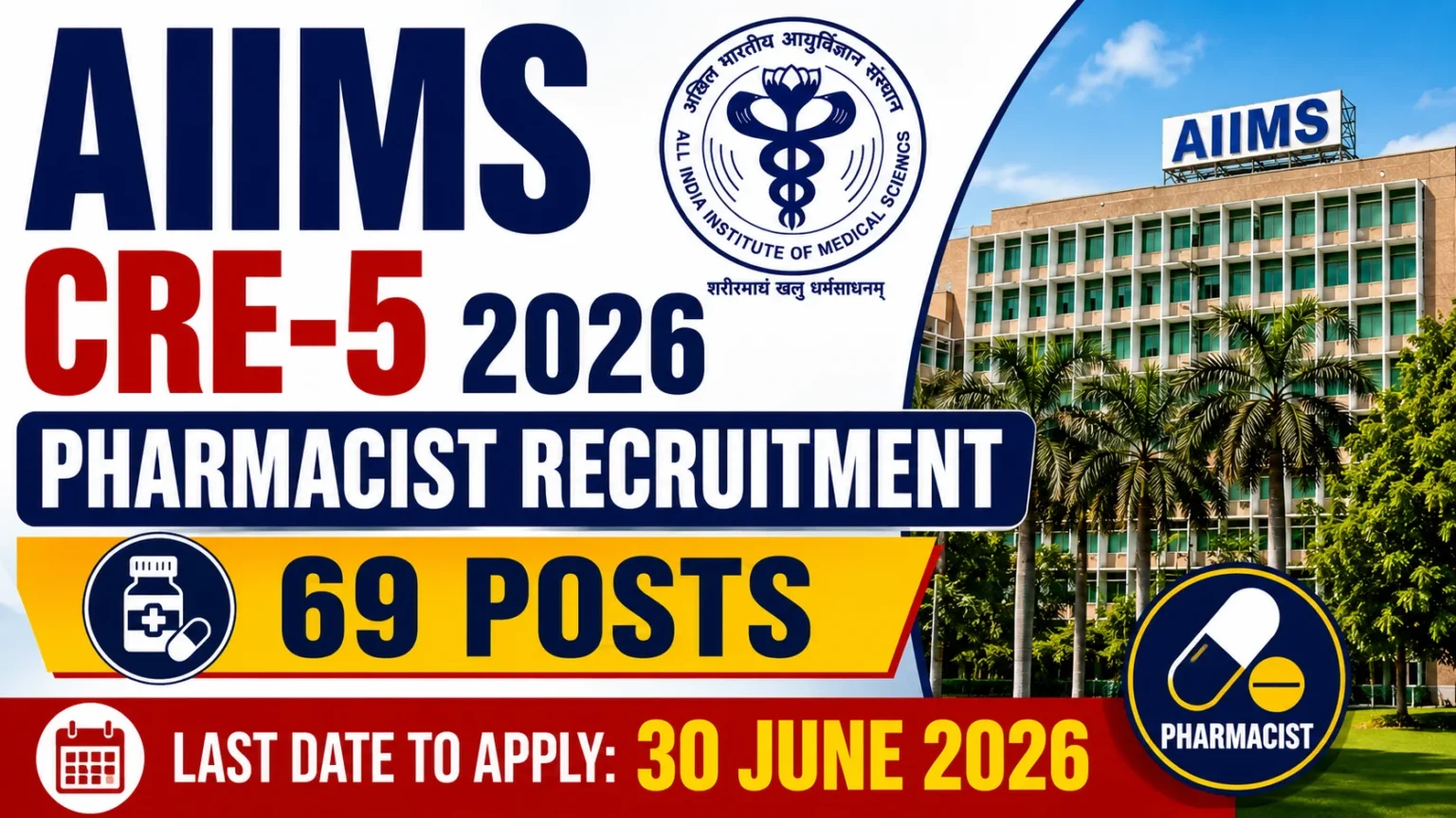 AIIMS CRE-5 2026 Pharmacist Recruitment thumbnail featuring AIIMS building, AIIMS logo, 69 pharmacist vacancies, and application deadline of 30 June 2026.