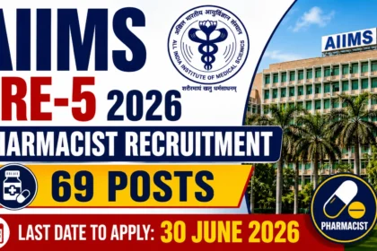 AIIMS CRE-5 2026 Pharmacist Recruitment thumbnail featuring AIIMS building, AIIMS logo, 69 pharmacist vacancies, and application deadline of 30 June 2026.