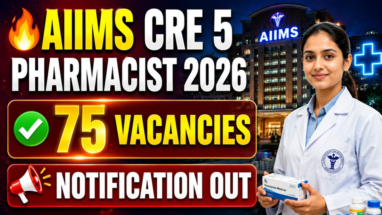 AIIMS CRE 5 Pharmacist Recruitment 2026 thumbnail featuring AIIMS hospital building, pharmacist, 75 vacancies announcement, and notification released banner.