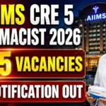 AIIMS CRE 5 Pharmacist Recruitment 2026 thumbnail featuring AIIMS hospital building, pharmacist, 75 vacancies announcement, and notification released banner.