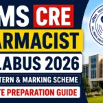 AIIMS CRE Pharmacist Syllabus 2026 thumbnail featuring AIIMS logo, AIIMS campus building, exam pattern, marking scheme, and complete preparation guide for pharmacist recruitment exam.