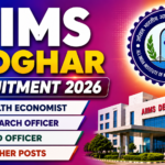 AIIMS Deoghar Recruitment 2026 thumbnail featuring the AIIMS Deoghar building, institute logo, and highlights for Health Economist, Research Officer, Field Officer, and other job vacancies on a vibrant gradient background.