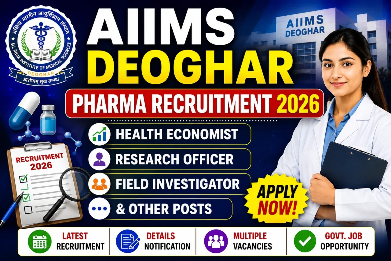 AIIMS Deoghar Pharma Recruitment 2026 thumbnail featuring AIIMS Deoghar logo, hospital building, healthcare professional, recruitment checklist, medicine and laboratory icons, and job openings including Health Economist, Research Officer, Field Investigator, and other posts with an Apply Now badge.