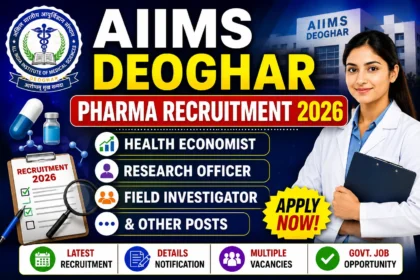 AIIMS Deoghar Pharma Recruitment 2026 thumbnail featuring AIIMS Deoghar logo, hospital building, healthcare professional, recruitment checklist, medicine and laboratory icons, and job openings including Health Economist, Research Officer, Field Investigator, and other posts with an Apply Now badge.