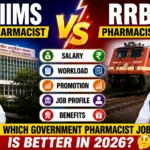 Comparison thumbnail featuring AIIMS Pharmacist and RRB Pharmacist with hospital and railway backgrounds, highlighting salary, workload, promotion, job profile, benefits, and career comparison for 2026.