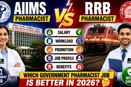 Comparison thumbnail featuring AIIMS Pharmacist and RRB Pharmacist with hospital and railway backgrounds, highlighting salary, workload, promotion, job profile, benefits, and career comparison for 2026.