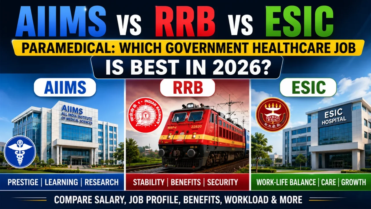 Comparison thumbnail featuring AIIMS, RRB, and ESIC paramedical careers in 2026. The image showcases an AIIMS hospital building, an Indian Railways locomotive representing RRB, and an ESIC hospital building. Key highlights include prestige and research for AIIMS, stability and benefits for RRB, and work-life balance and growth for ESIC.