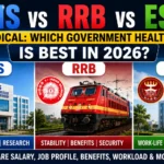 Comparison thumbnail featuring AIIMS, RRB, and ESIC paramedical careers in 2026. The image showcases an AIIMS hospital building, an Indian Railways locomotive representing RRB, and an ESIC hospital building. Key highlights include prestige and research for AIIMS, stability and benefits for RRB, and work-life balance and growth for ESIC.