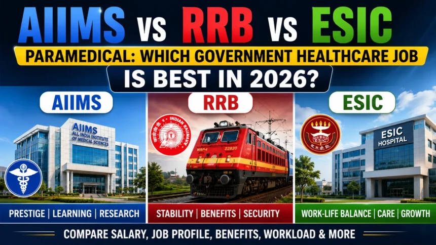 Comparison thumbnail featuring AIIMS, RRB, and ESIC paramedical careers in 2026. The image showcases an AIIMS hospital building, an Indian Railways locomotive representing RRB, and an ESIC hospital building. Key highlights include prestige and research for AIIMS, stability and benefits for RRB, and work-life balance and growth for ESIC.