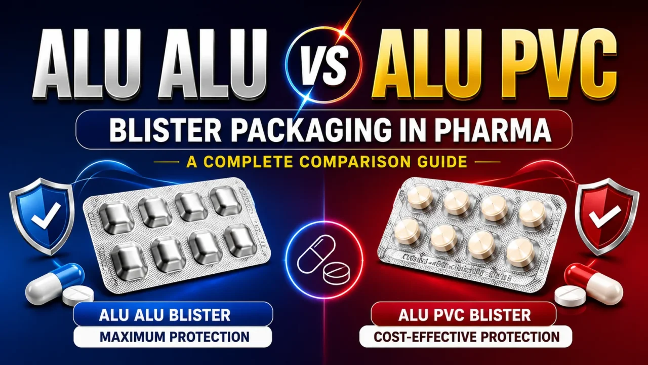 YouTube thumbnail comparing ALU ALU and ALU PVC blister packaging in the pharmaceutical industry, featuring blister packs, capsules, protective shields, and a blue-red gradient background.