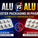 YouTube thumbnail comparing ALU ALU and ALU PVC blister packaging in the pharmaceutical industry, featuring blister packs, capsules, protective shields, and a blue-red gradient background.