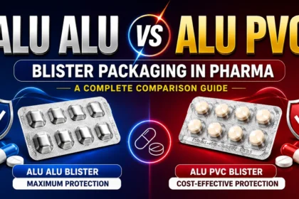 YouTube thumbnail comparing ALU ALU and ALU PVC blister packaging in the pharmaceutical industry, featuring blister packs, capsules, protective shields, and a blue-red gradient background.