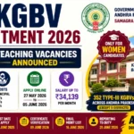 AP KGBV Recruitment 2026 promotional banner highlighting 299 teaching vacancies for women candidates in Kasturba Gandhi Balika Vidyalayas (KGBVs) across Andhra Pradesh. The thumbnail features the Government of Andhra Pradesh emblem, KGBV school building, vacancy details, application dates, salary information, and an “Apply Now” call-to-action in a colorful 16:9 layout.
