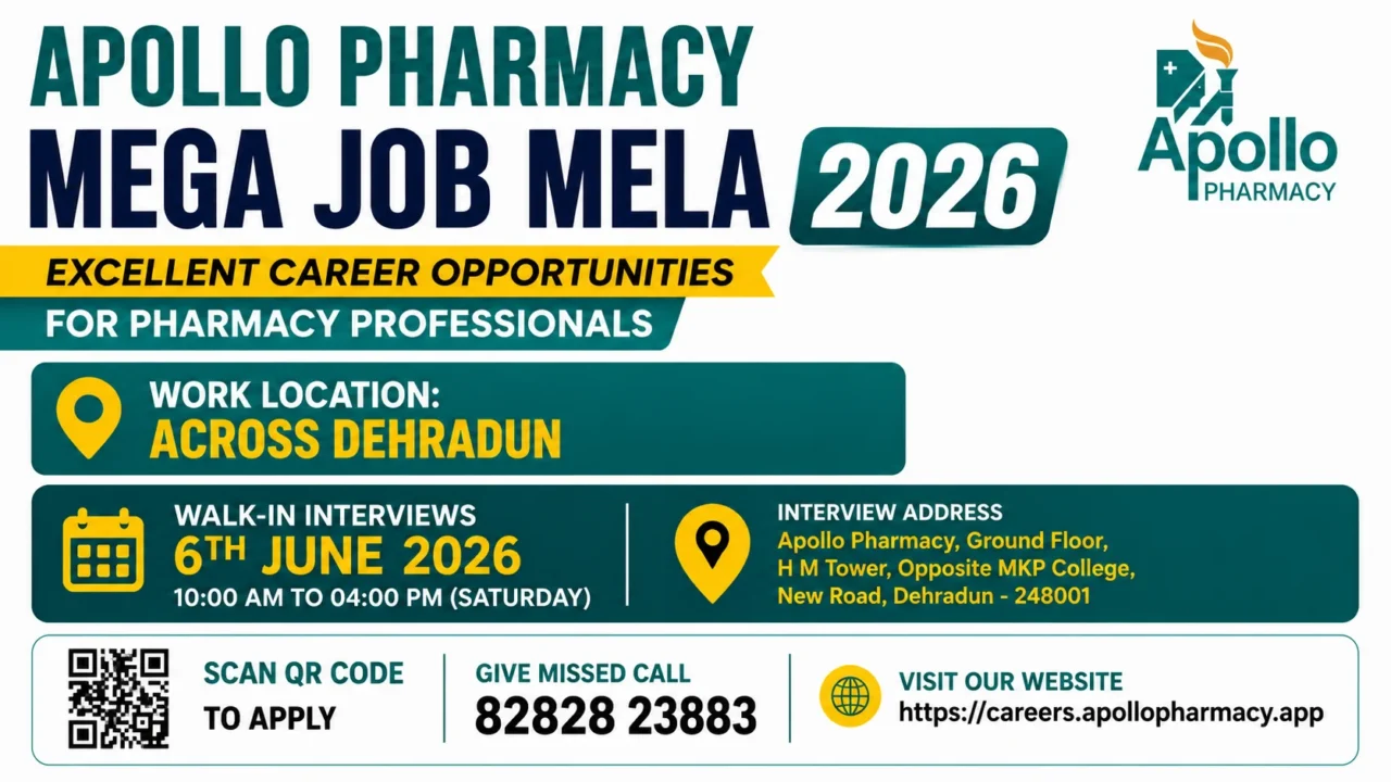 Promotional banner for Apollo Pharmacy Mega Job Mela 2026 highlighting pharmacy career opportunities, walk-in interviews, and job openings in Dehradun.