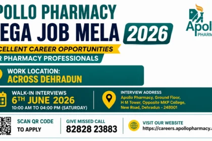 Promotional banner for Apollo Pharmacy Mega Job Mela 2026 highlighting pharmacy career opportunities, walk-in interviews, and job openings in Dehradun.