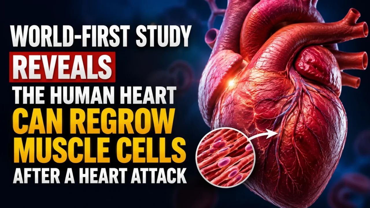 Medical research thumbnail showing a realistic human heart and regenerating muscle cells, highlighting a breakthrough study on heart muscle regeneration after a heart attack.