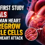 Medical research thumbnail showing a realistic human heart and regenerating muscle cells, highlighting a breakthrough study on heart muscle regeneration after a heart attack.