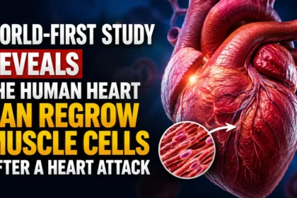 Medical research thumbnail showing a realistic human heart and regenerating muscle cells, highlighting a breakthrough study on heart muscle regeneration after a heart attack.