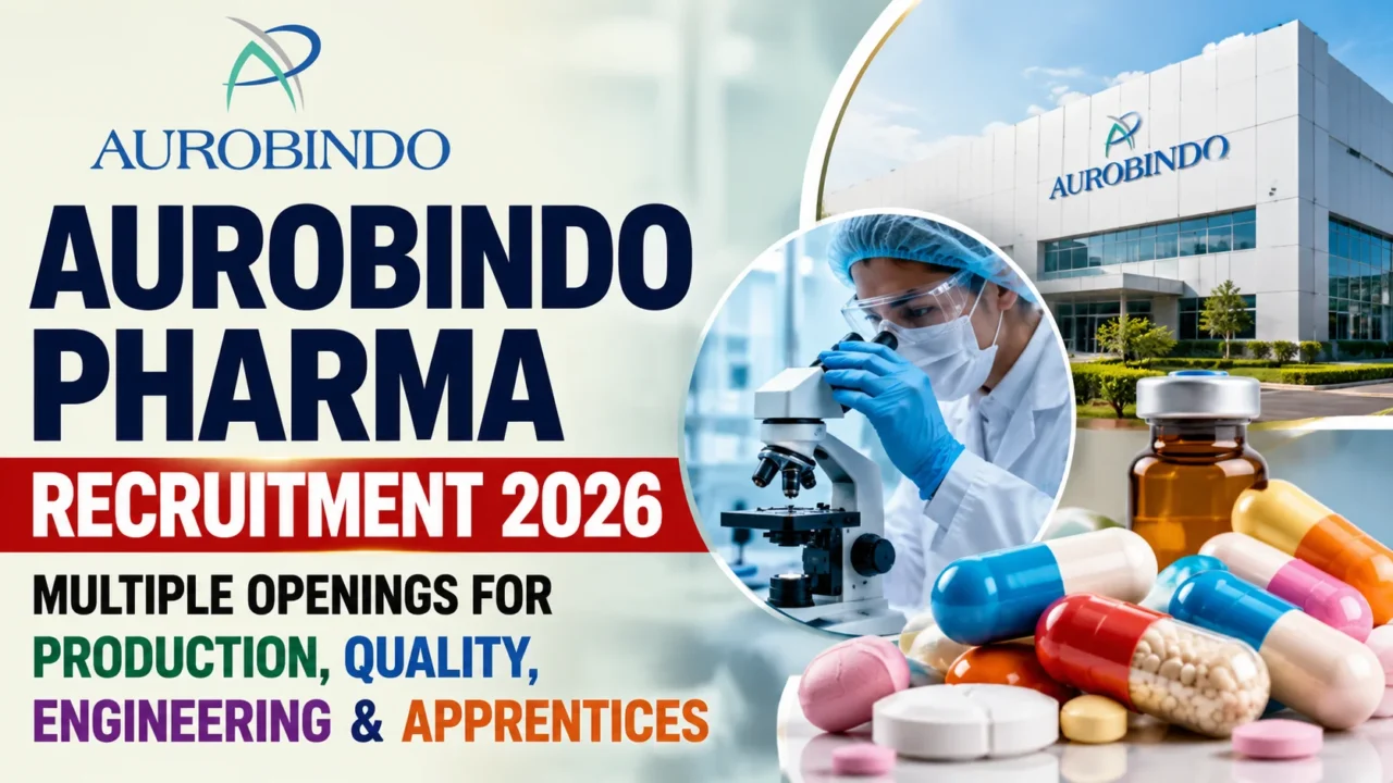 Aurobindo Pharma Recruitment 2026 thumbnail featuring pharmaceutical capsules, laboratory research, manufacturing facility, and hiring announcement for Production, Quality, Engineering, and Apprentice positions.