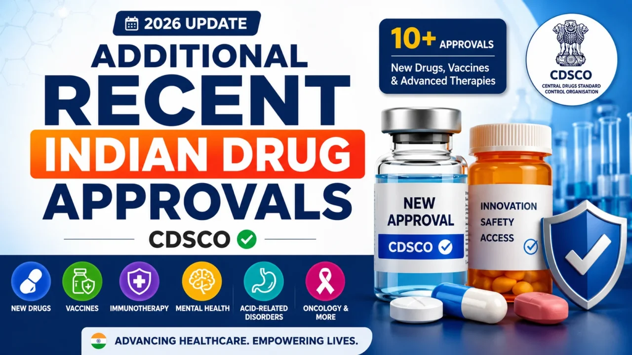 Infographic highlighting additional recent Indian drug approvals by CDSCO in 2026, featuring new drugs, vaccines, immunotherapy treatments, and advanced healthcare innovations approved in India.