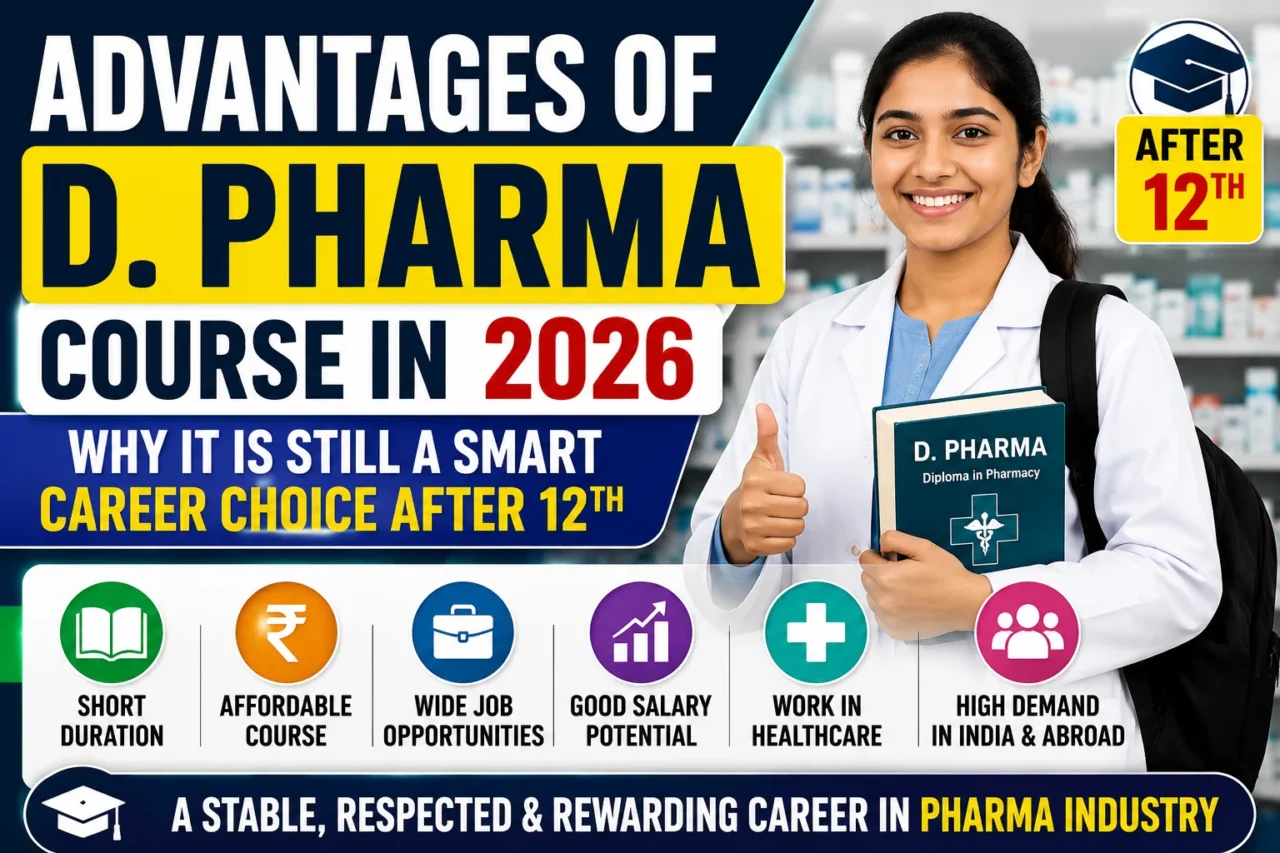D. Pharma Course 2026 thumbnail featuring a pharmacy student holding a Diploma in Pharmacy book, with highlights on career opportunities, salary potential, healthcare jobs, and benefits after 12th.