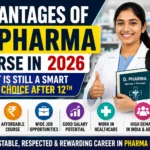 D. Pharma Course 2026 thumbnail featuring a pharmacy student holding a Diploma in Pharmacy book, with highlights on career opportunities, salary potential, healthcare jobs, and benefits after 12th.
