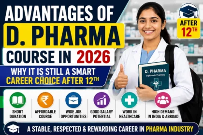 D. Pharma Course 2026 thumbnail featuring a pharmacy student holding a Diploma in Pharmacy book, with highlights on career opportunities, salary potential, healthcare jobs, and benefits after 12th.