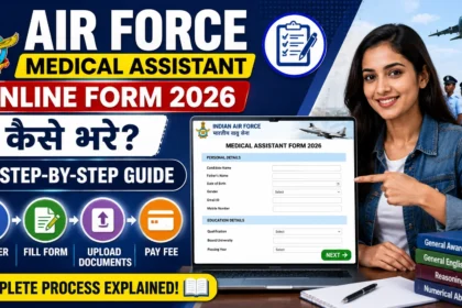 Air Force Medical Assistant Online Form 2026 tutorial thumbnail featuring an Indian Air Force-themed background, a candidate filling out an online application form on a laptop, step-by-step registration icons, and guidance on how to complete the application process.