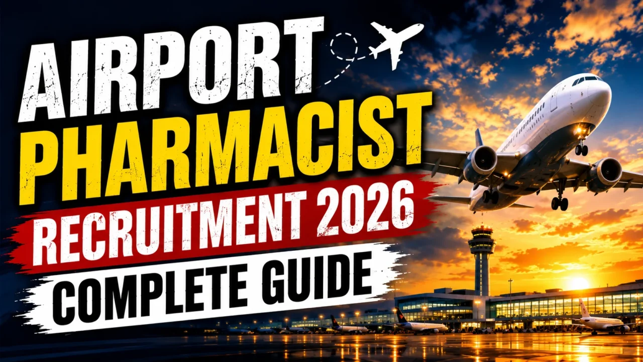 YouTube thumbnail showing an airport terminal with a commercial airplane taking off at sunset and bold text reading "Airport Pharmacist Recruitment 2026 Complete Guide."