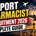 YouTube thumbnail showing an airport terminal with a commercial airplane taking off at sunset and bold text reading "Airport Pharmacist Recruitment 2026 Complete Guide."