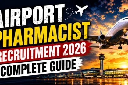 YouTube thumbnail showing an airport terminal with a commercial airplane taking off at sunset and bold text reading "Airport Pharmacist Recruitment 2026 Complete Guide."