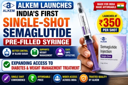 Medical news thumbnail highlighting Alkem’s launch of India’s first single-shot semaglutide pre-filled syringe priced at ₹350, aimed at improving access to diabetes and weight management treatment.