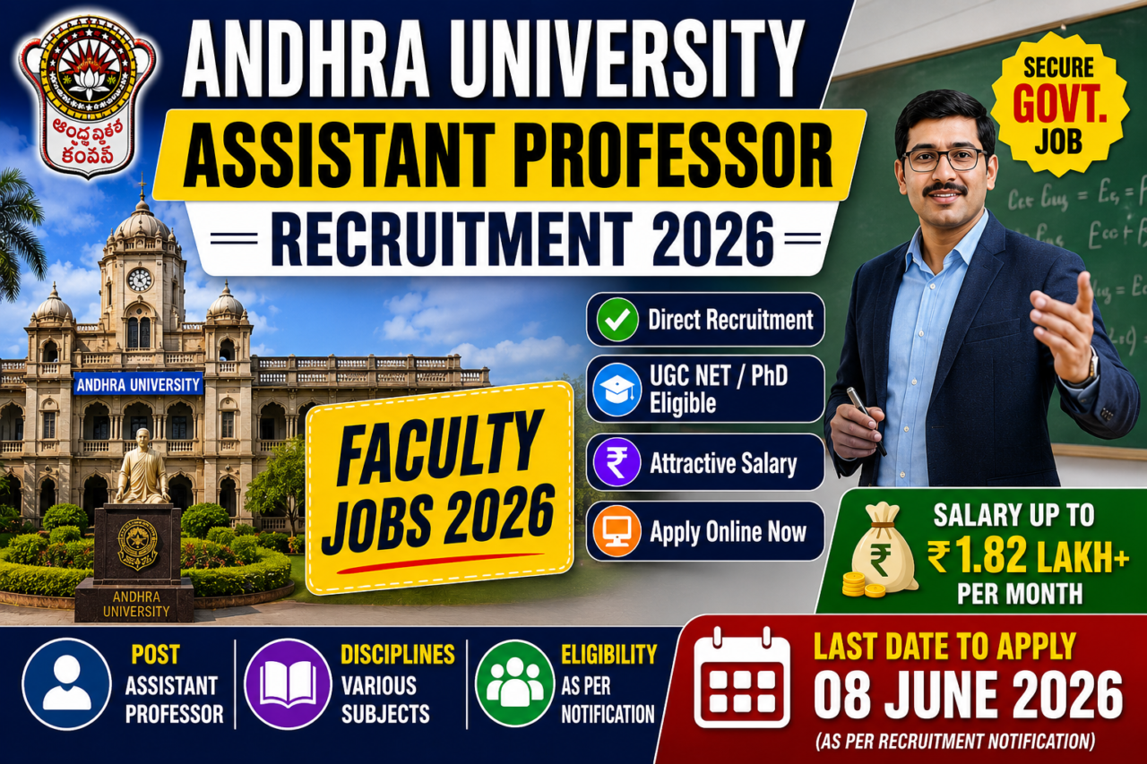 Andhra University Assistant Professor Recruitment 2026 thumbnail featuring university campus, professor image, faculty jobs announcement, eligibility details, salary information, and application deadline of 08 June 2026.