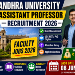 Andhra University Assistant Professor Recruitment 2026 thumbnail featuring university campus, professor image, faculty jobs announcement, eligibility details, salary information, and application deadline of 08 June 2026.