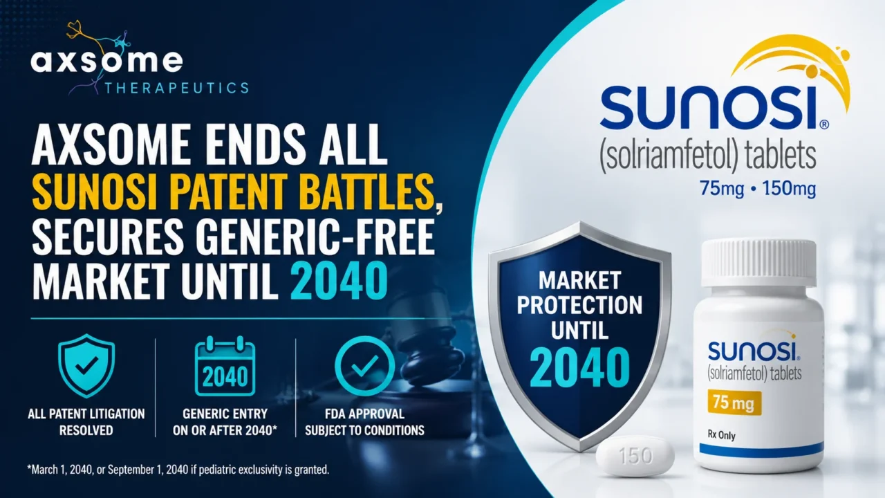 Corporate news graphic highlighting Axsome Therapeutics' resolution of all SUNOSI patent litigation, securing market exclusivity and delaying generic competition until 2040. The design features SUNOSI branding, a market protection shield, legal imagery, and key settlement milestones.