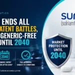 Corporate news graphic highlighting Axsome Therapeutics' resolution of all SUNOSI patent litigation, securing market exclusivity and delaying generic competition until 2040. The design features SUNOSI branding, a market protection shield, legal imagery, and key settlement milestones.